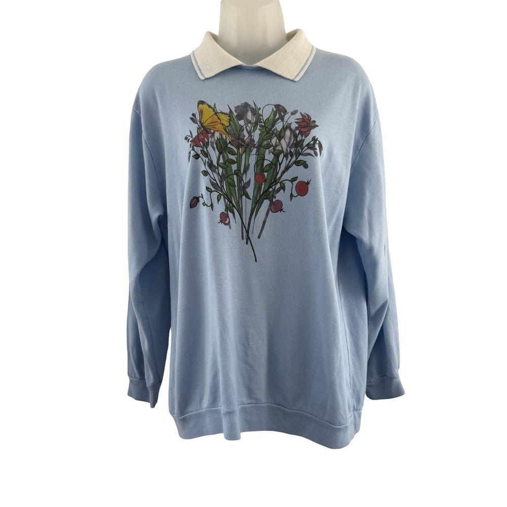 Vintage Sweatshirt Womens XL Blue Floral Butterfly Collar Retro 90s Cottagecore